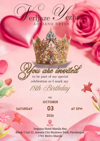Verljaze Yezha Adriano Reyes 18th Birthday Invitation cover