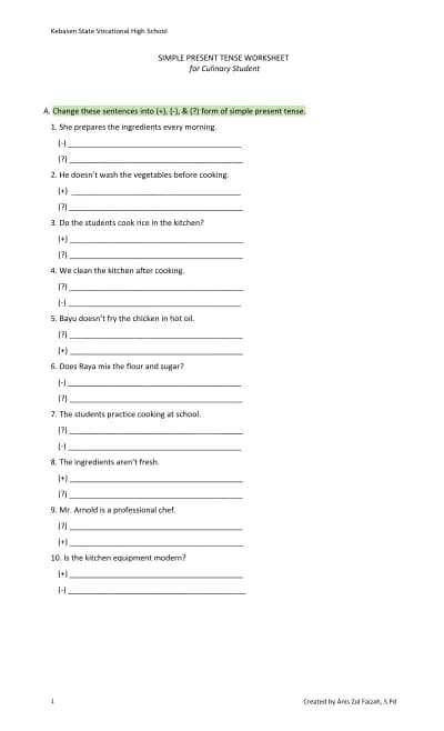 Simple Present Tense Worksheet for Culinary Students cover