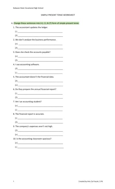 Simple Present Tense Worksheet cover