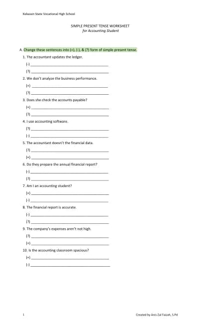 Simple Present Tense Worksheet for Accounting Students cover