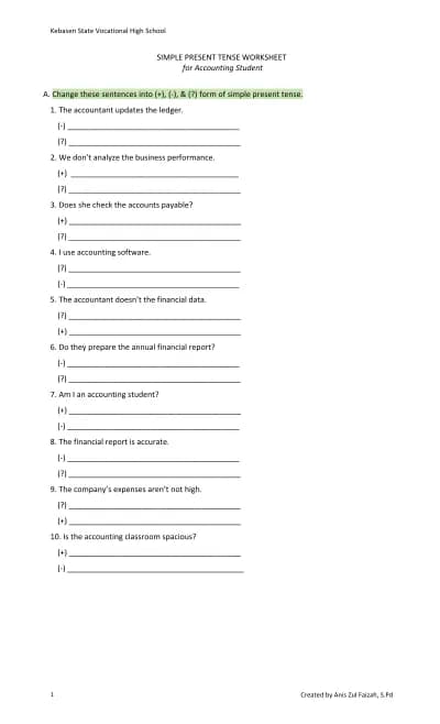 Simple Present Tense Worksheet for Accounting Students cover